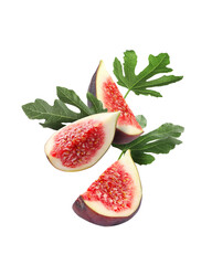 Piece of fresh fig and green leaves falling on white background