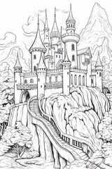 Coloring book page of a great fantasy castle in a line art hand drawn style for kids and teens