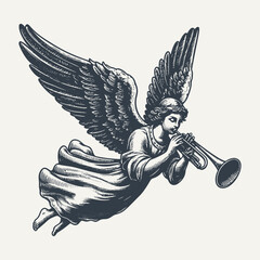 Flying angel messenger. Vintage woodcut engraving style vector illustration. - obrazy, fototapety, plakaty