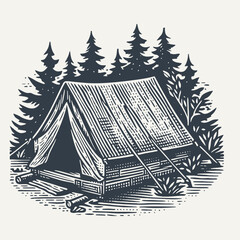 Tent in a forest. Vintage woodcut engraving style vector illustration.