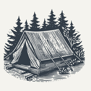 recommend clip art: Tent in a forest. Vintage woodcut engraving style vector illustration.