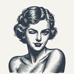 Retro girl winking. Vintage woodcut engraving style vector illustration. - obrazy, fototapety, plakaty