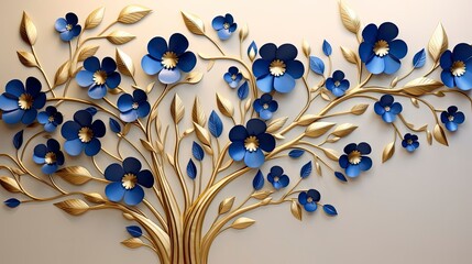 Elegant gold and royal blue floral tree with leaves and flowers hanging branches illustration background.