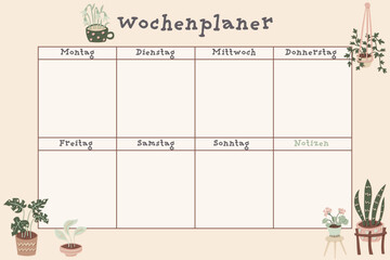 German weekly calendar. German inscriptions means "Weekly planner, Monday, Tuesday, Wednesday, Thursday, Friday, Saturday, Sunday, Notes". Vector planner or organizer