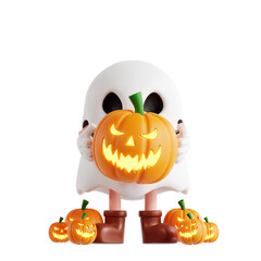 3d ghost halloween character holding a pumpkin