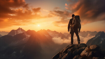 A mountaineers silhouette against a stunning sunset,  epitomizing triumph