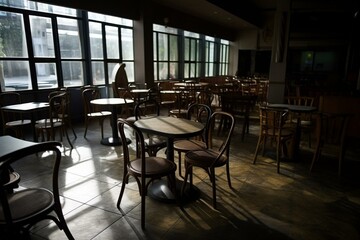 Tables and chairs in an indoor café appear vacant. Generative AI