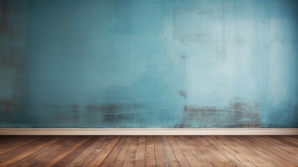 old grungy vintage blue wall with wooden floor background with copy space - obrazy, fototapety, plakaty