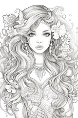 coloring page of a mermaid princess in a line art hand drawn style for kids and teens