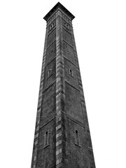 High brick tower construction over white background