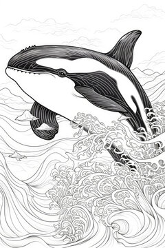 Coloring Page Of An Orca Killer Whale In A Line Art Hand Drawn Style For Kids