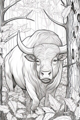 coloring page of buffalo bison bull or ox in a line art hand drawn style for kids