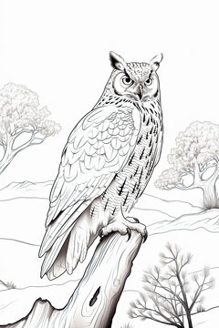 coloring page of night owl or hooter in a line art hand drawn style for kids