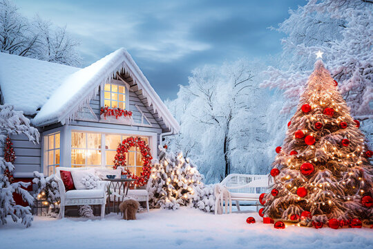 Beautiful wooden house decorated with Christmas ornaments. Winter landscape. Selective Focus