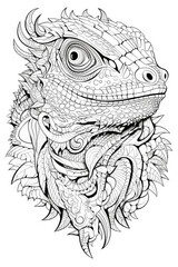 coloring page with mandala ornaments of a bearded dragon head in a line art hand drawn style