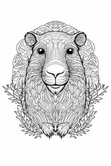 coloring page with mandala ornaments of a capybara head in a line art hand drawn style
