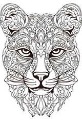 coloring page with mandala ornaments of a cheetah or tiger head in a line art hand drawn style