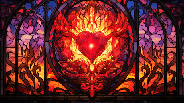 View of a stained glass representing a flaming heart with colorful particles