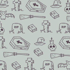 Hand drawn seamless pattern of halloween doodle element vector