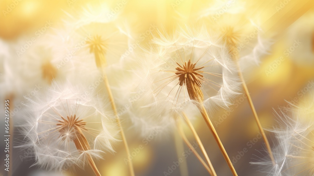 Poster close up abstract background of fluffy dandelion blossoms in spring