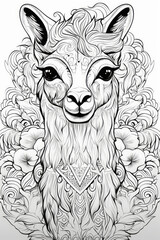 coloring page with mandala ornaments of a llama or alpaca head in a line art hand drawn style