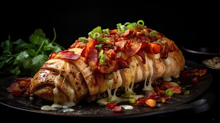 Chicken breasts baked with bacon cheese and jalapenos in hasselback style