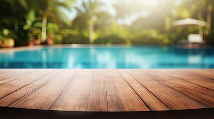 Blurred empty outdoor swimming pool and round wooden table in daylight