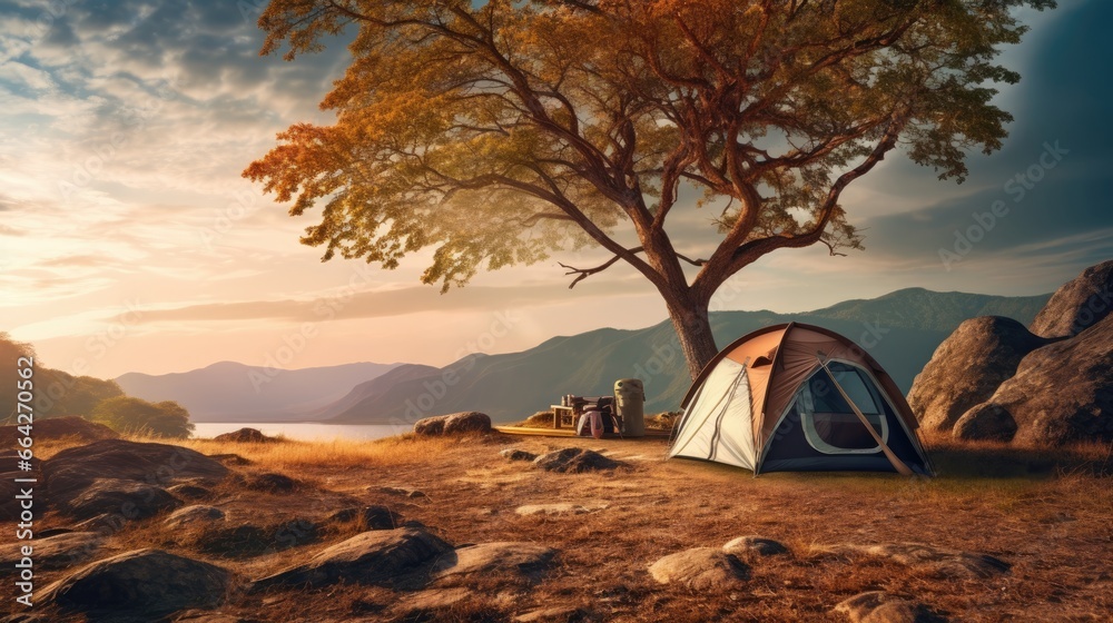 Poster camping tent on dry ground near big tree at lakeside campsite with mountains in the background witho