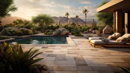 A desert backyard with a pebble tech pool and travertine patio - obrazy, fototapety, plakaty