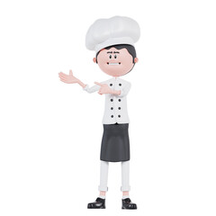 3d cartoon chef is pointing and presentation