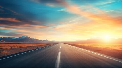 Blurred motion in the empty sunny summer road stretching towards the horizon at sunset