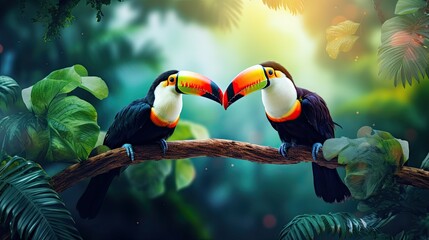 Colorful toucans on rainforest branch with tropical plants and blurred background Copy space for text
