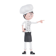 3d cartoon chef pointing to left with spatula