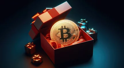 Fotobehang A bitcoin in a gift box is a metaphor for the future of cryptocurrency. © BinaryBard
