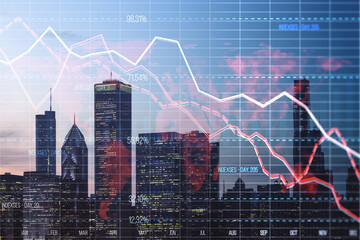 Creative glowing downward red forex chart on blurry city texture. Crisis, and stock market fall concept. Double exposure. - obrazy, fototapety, plakaty
