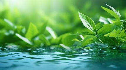 Beautiful product presentation background with green leaves on a rippling water surface Ample space for copy