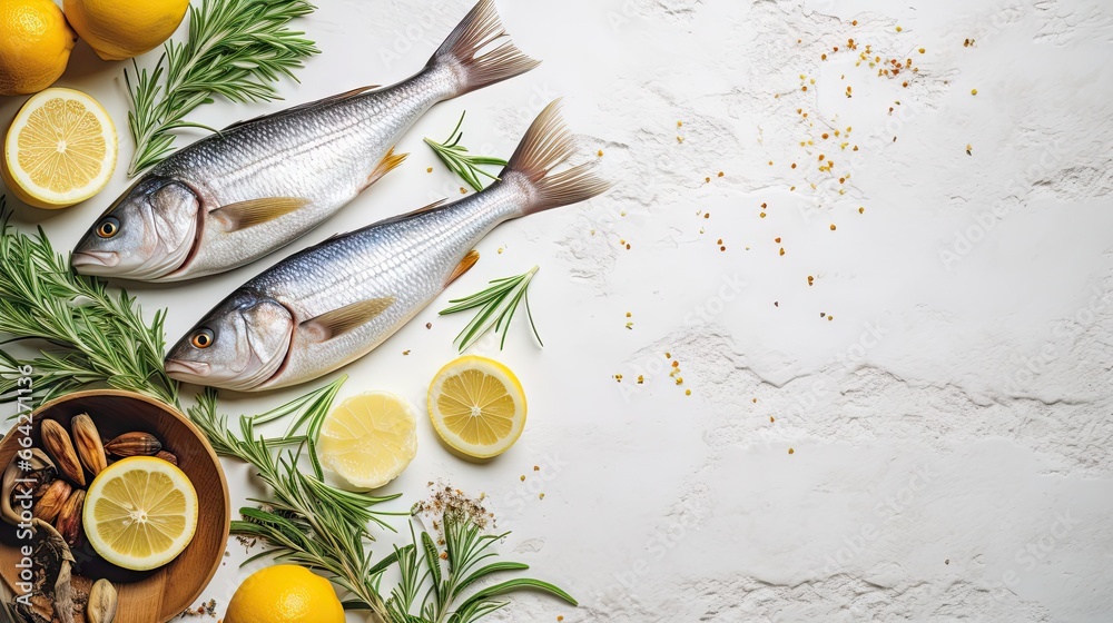 Poster bird s eye view of fish lemon and rosemary in pan on rustic table seafood preparation from above lux