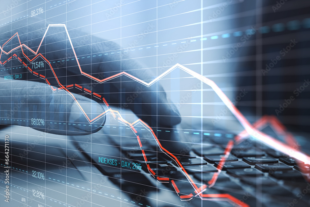Poster Close up of male hands using laptop computer keyboard with glowing downward red forex chart on blurry background. Crisis, and stock market fall concept. Double exposure.