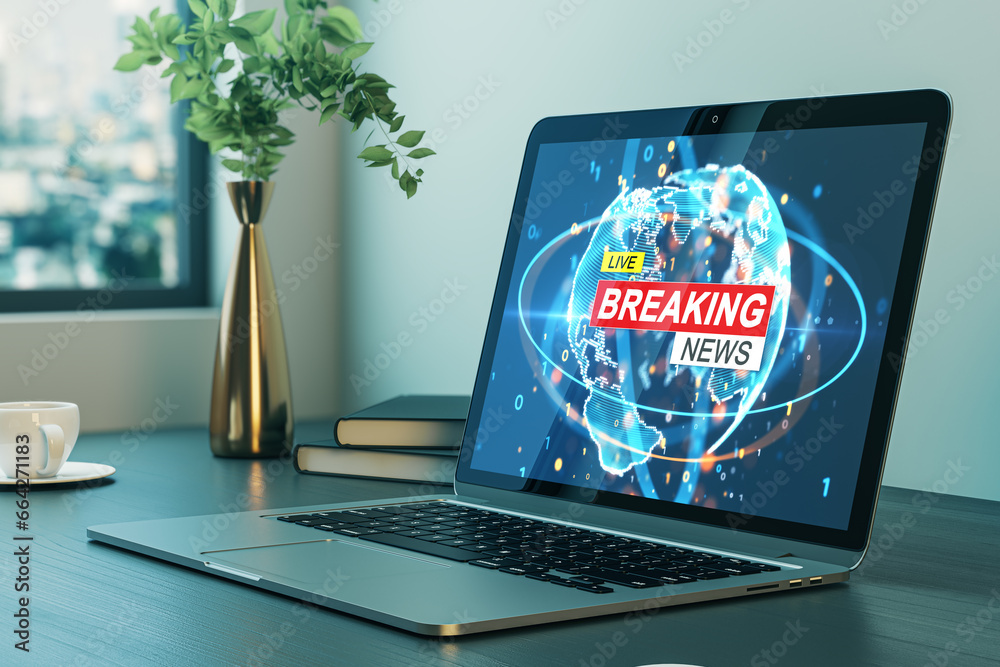 Poster Close up of laptop on desk with different objects and creative polygonal breaking news and globe hologram. Television, online news and digital communication concept. 3D Rendering.