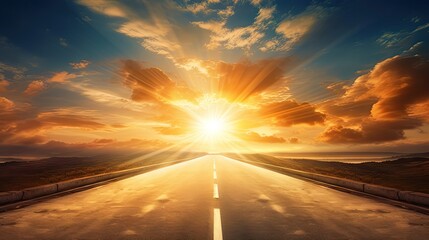 Blurred motion in the empty sunny summer road stretching towards the horizon at sunset