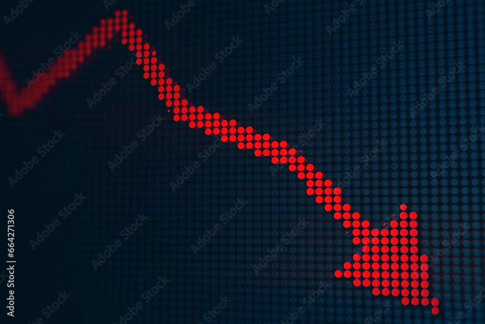 Poster Creative downward red pixel arrow on dark backdrop. 3D Rendering.