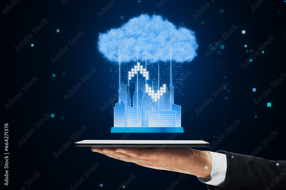 Poster close up of businessman hands holding cellphone with cloud computing hologram. smart city wireless i