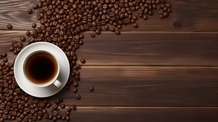 Coffee beans and cup on wooden background from above