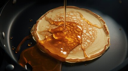 Close up of a pancake being flipped by a black spatula - obrazy, fototapety, plakaty