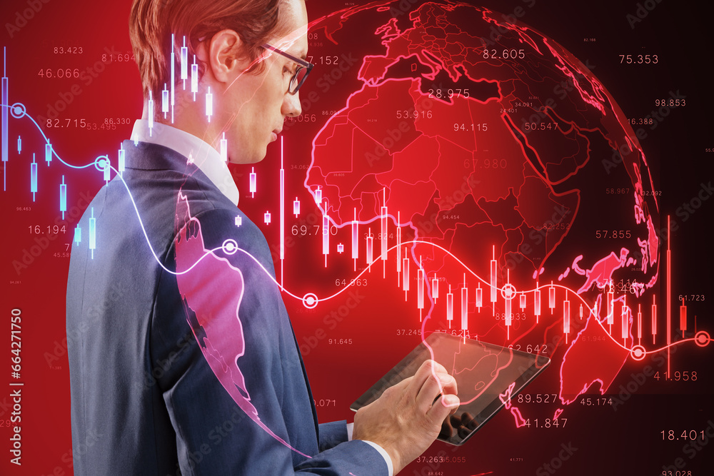 Poster attractive thoughtful young european man with tablet using glowing falling red forex chart and globe