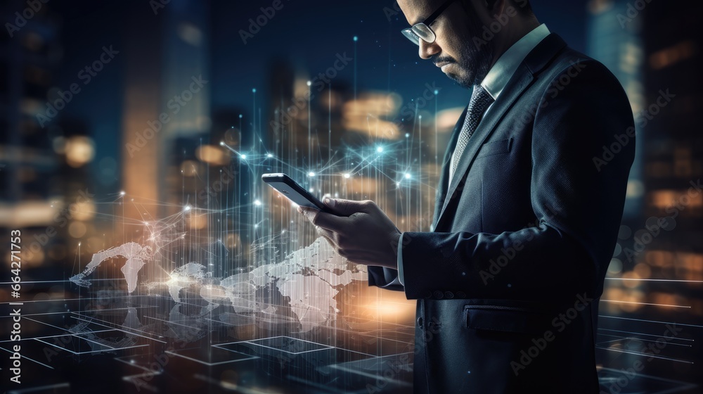 Poster Blurred background image of businessman using digital smart phone for digital marketing with business strategy concept