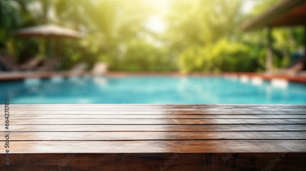 Poster Blurry background of pool empty wooden table upfront