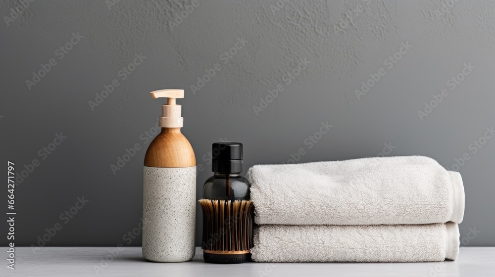 Poster bathroom shelf displaying various items with grey wall background