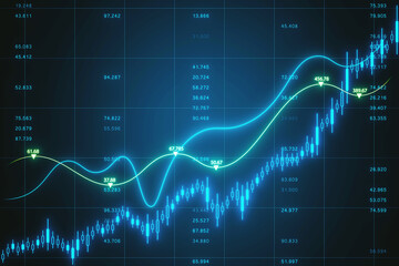 Creative growing blue forex chart and index on blurry background. Trade and financial growth concept. 3D Rendering. - obrazy, fototapety, plakaty