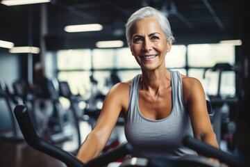 Fototapeta premium A woman enjoying her time at the gym on a exercise bike, smiling. Fictional characters created by Generated AI.